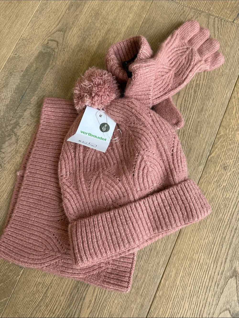 Kids Pink Knit Pom Beanie, Scarf & Mittens Set